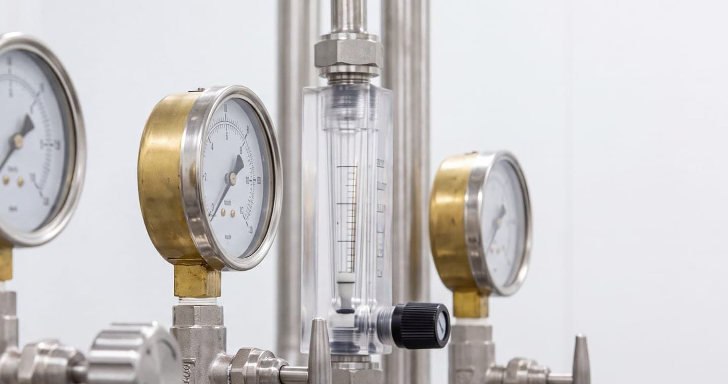 Brass pressure gauges and a flowmeter on polished stainless-steel pipework, calibrated to standard.