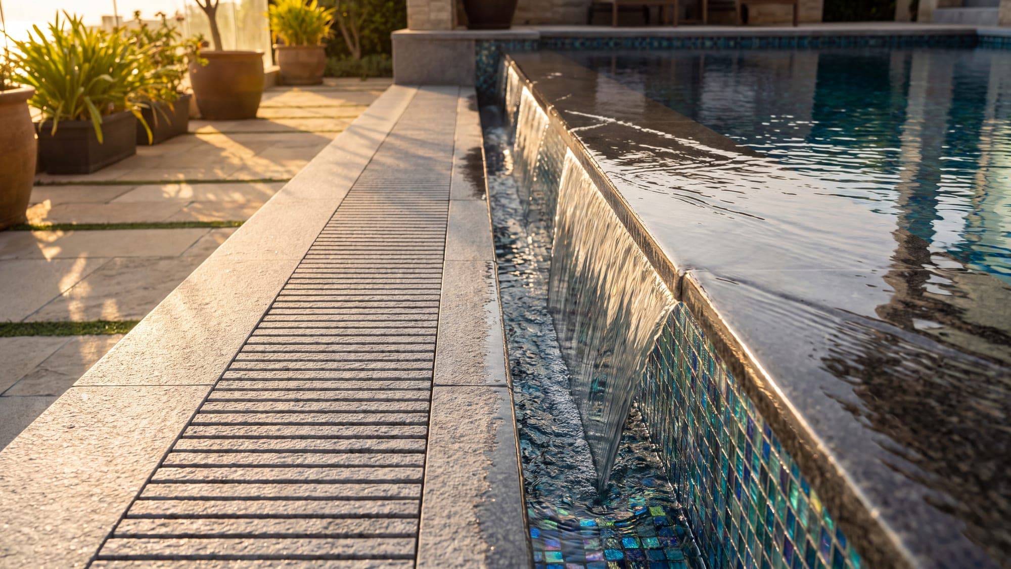 A level overflow channel and precision mosaic tiling at a finished pool edge.